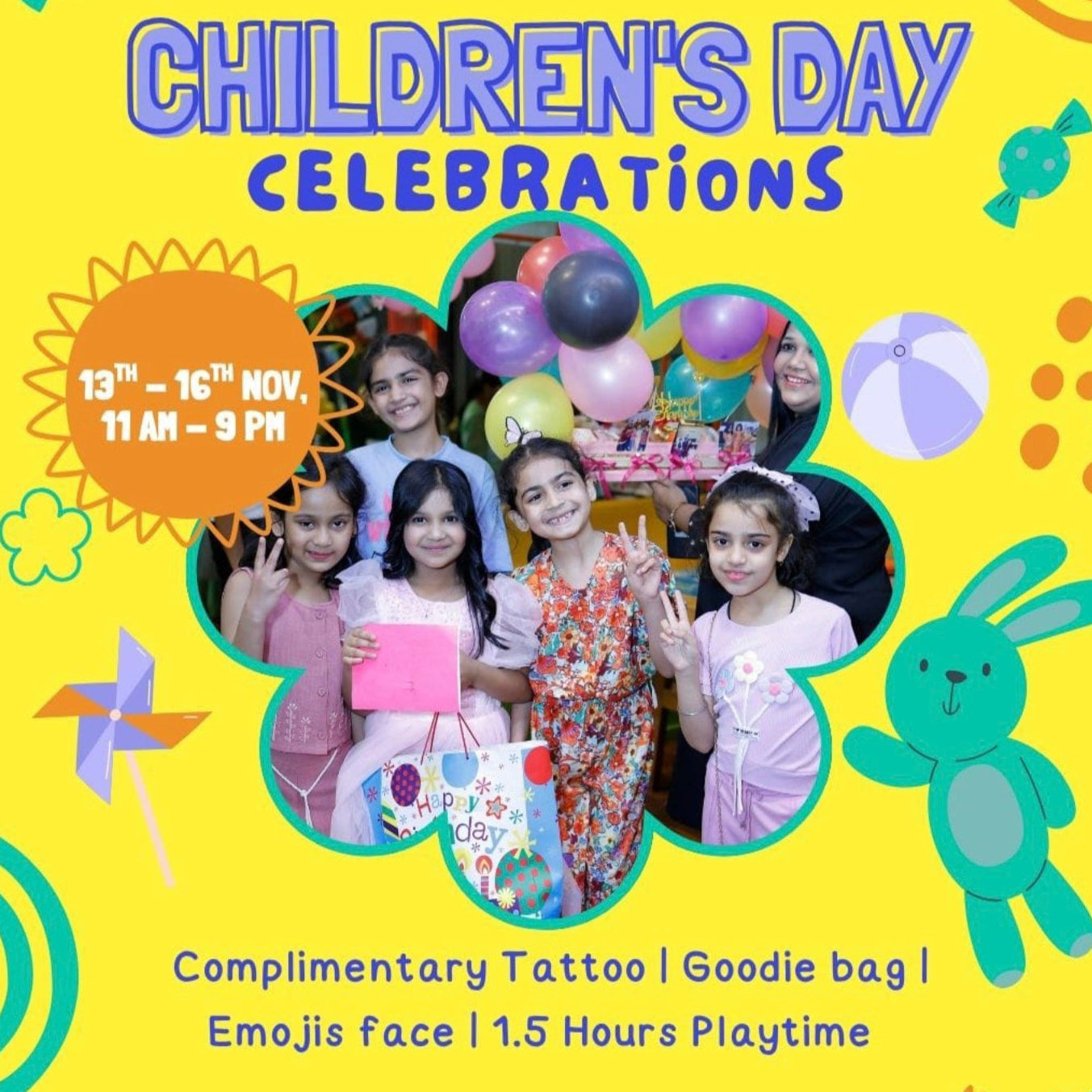Children's Day celebrations poster with children, balloons, and colorful graphics on a yellow background.