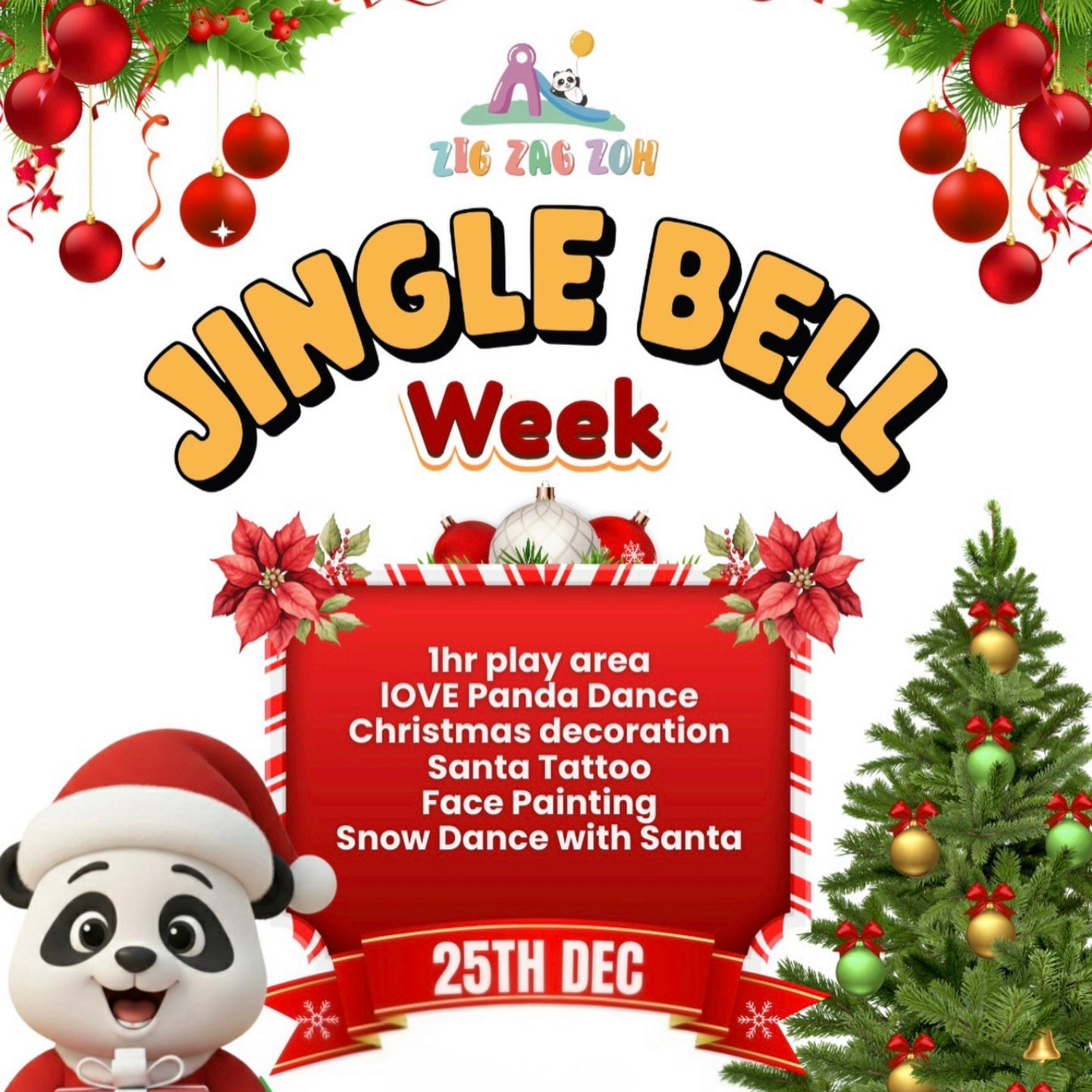 Promotional poster for 'Jingle Bell Week' with a panda character and Christmas tree.