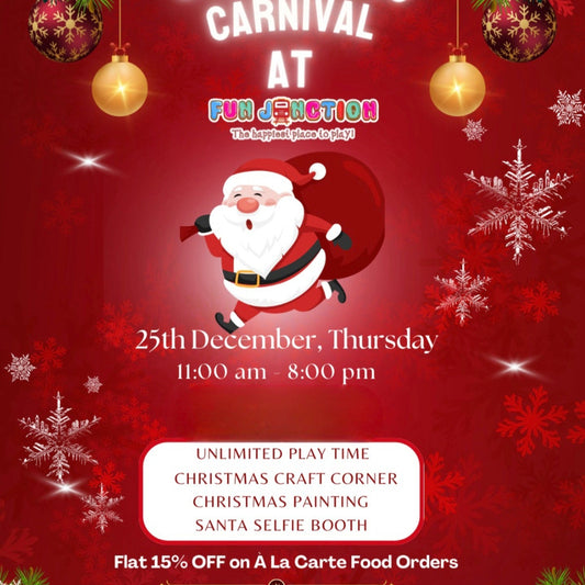 Promotional poster for a Christmas Carnival at Fun Junction with Santa Claus, Christmas decorations, and event details.