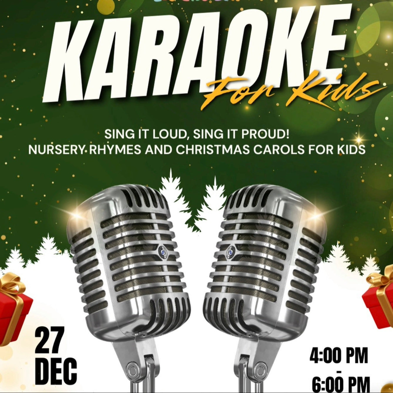 Promotional poster for Karaoke for Kids event with microphones, Christmas decorations, and event details.