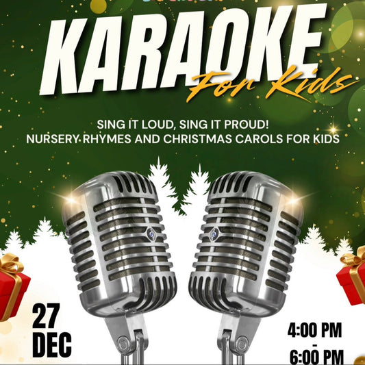 Promotional poster for Karaoke for Kids event with microphones, Christmas decorations, and event details.
