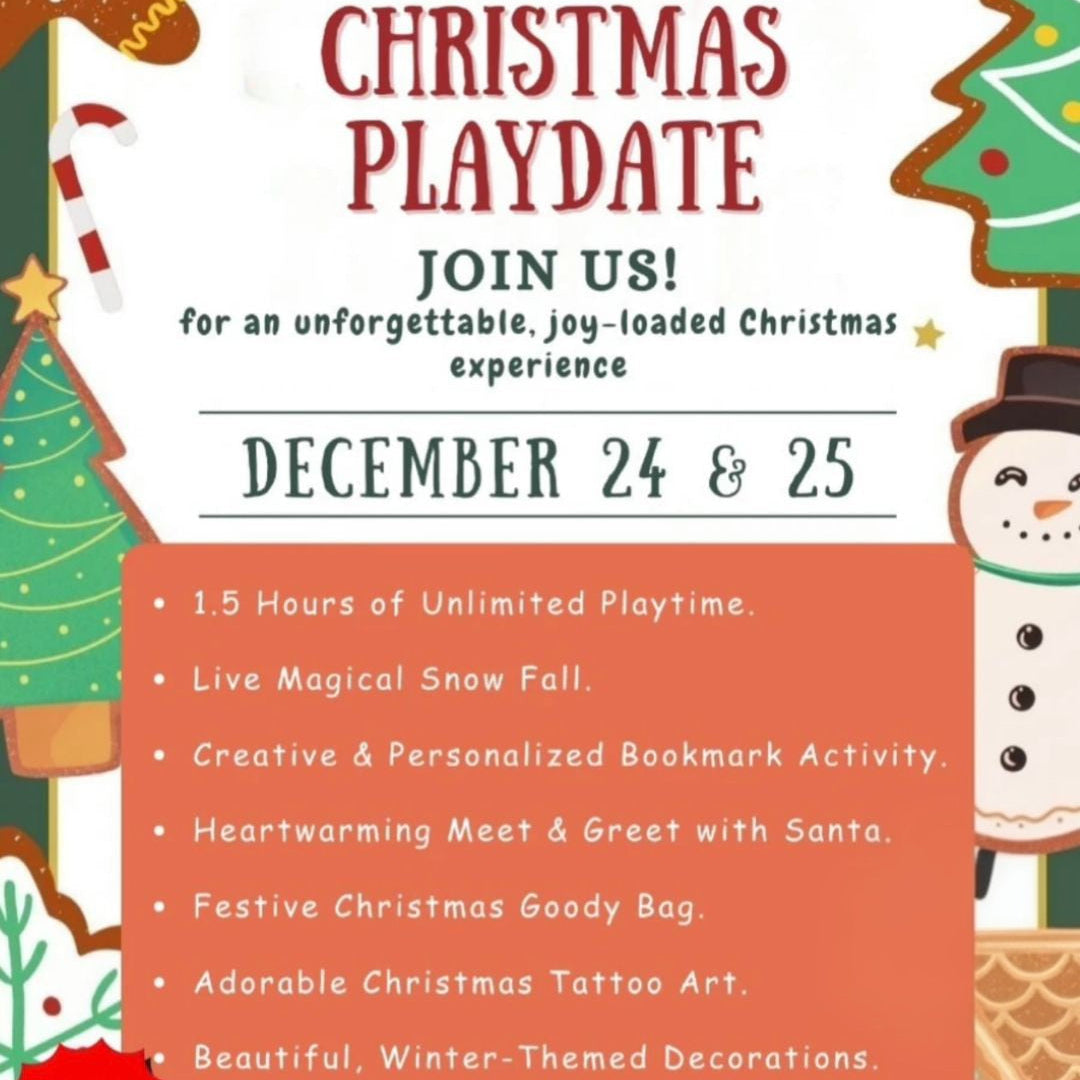 Christmas playdate flyer with festive graphics and event details.