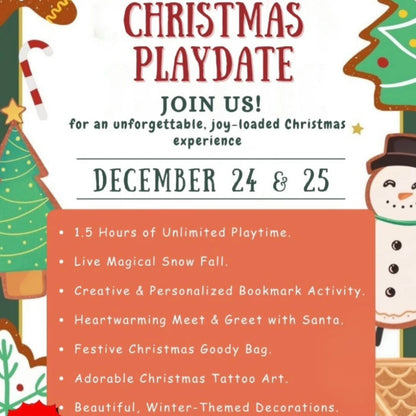 Christmas playdate flyer with festive graphics and event details.