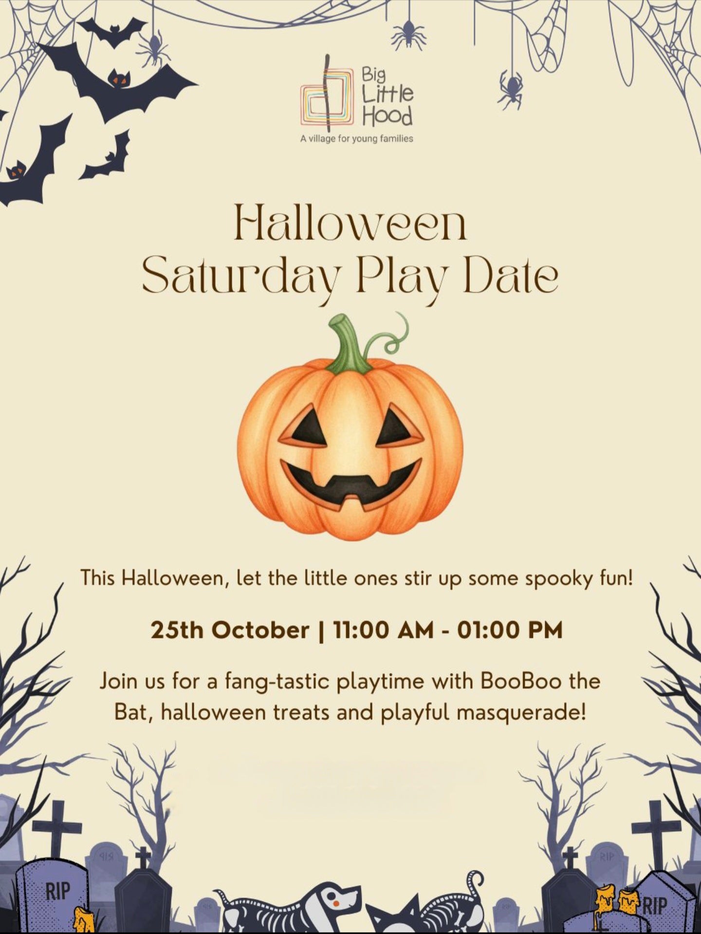 Halloween-themed play date flyer with a pumpkin and spooky decorations.