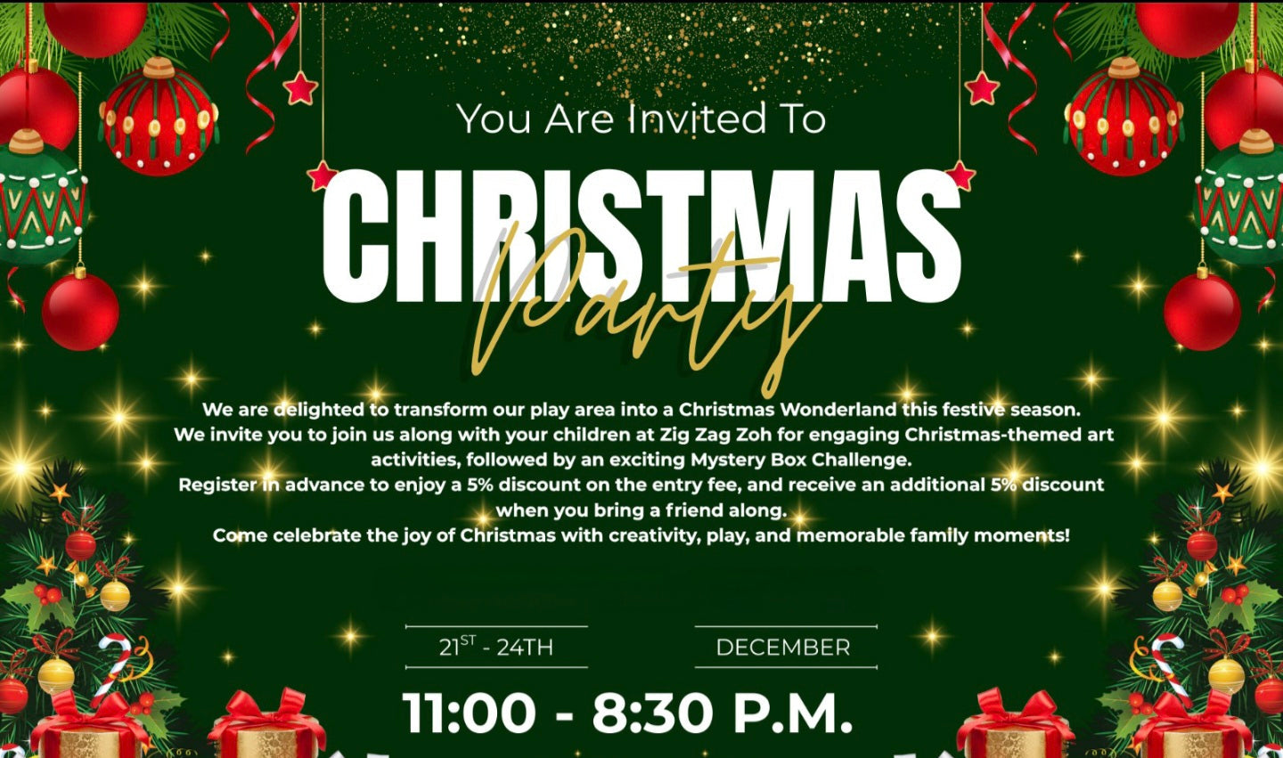 Invitation card for a Christmas party with festive decorations and text.