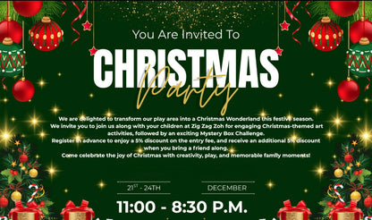 Invitation card for a Christmas party with festive decorations and text.