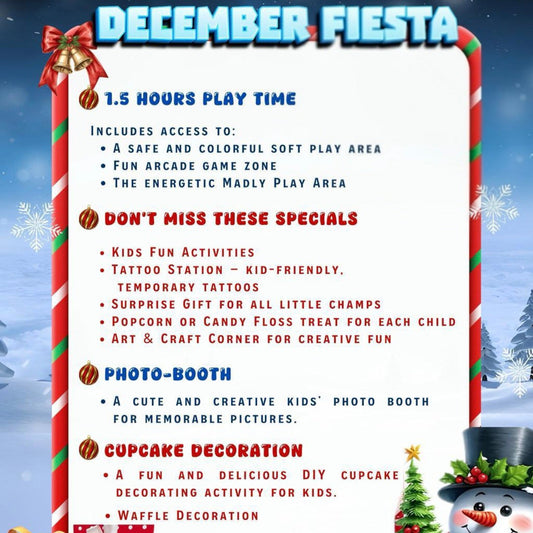 Promotional flyer for December Fiesta event with festive design elements.