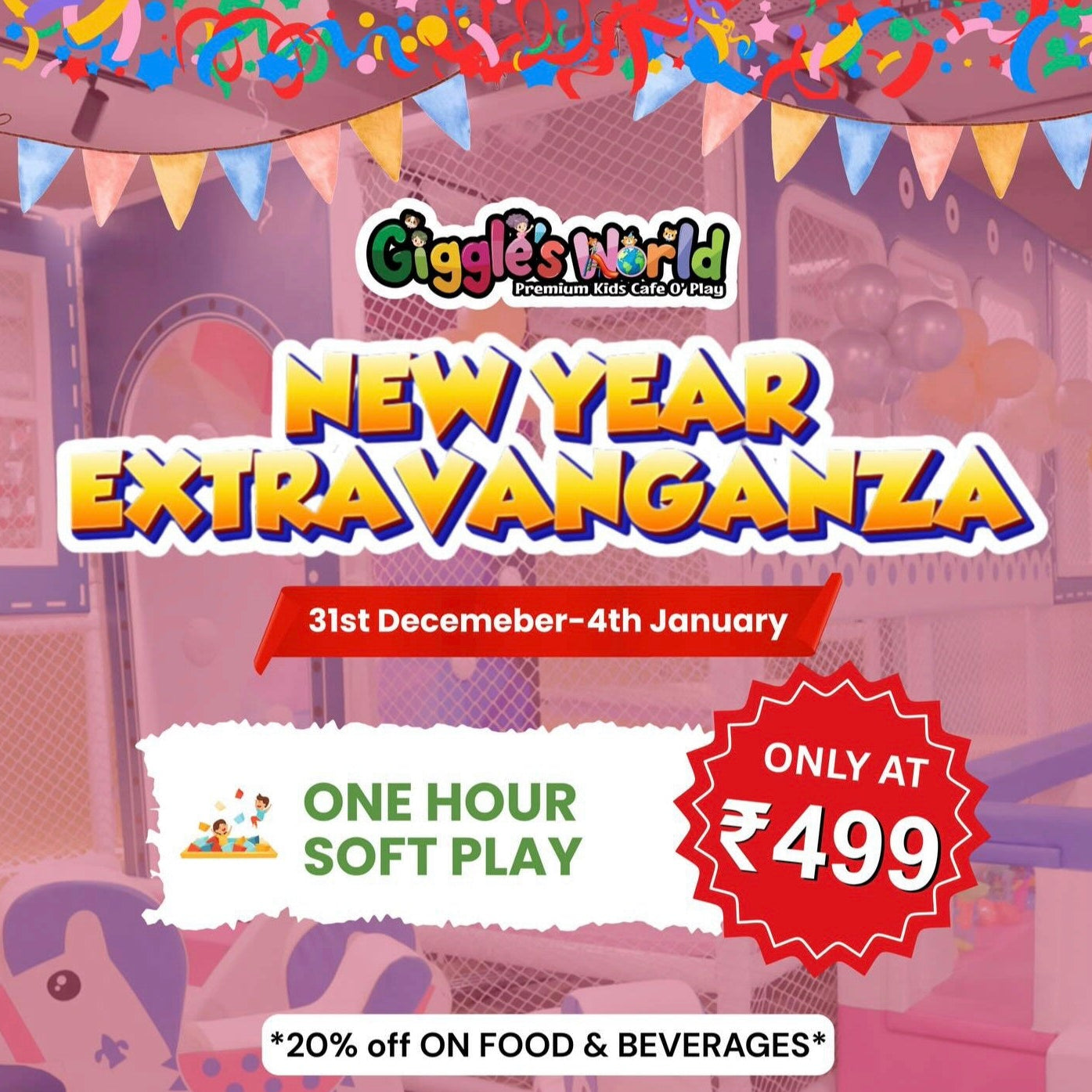 Advertisement for Giggle's World New Year Extravaganza with promotional text and colorful decorations.
