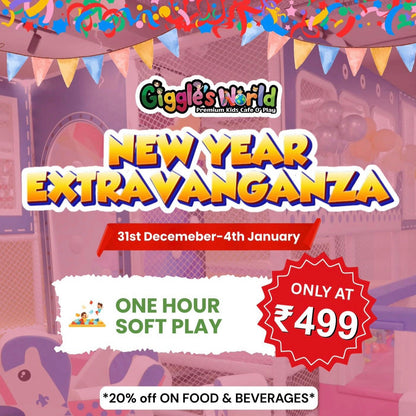 Advertisement for Giggle's World New Year Extravaganza with promotional text and colorful decorations.