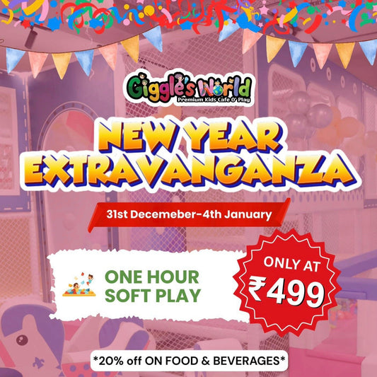 Advertisement for Giggle's World New Year Extravaganza with promotional text and colorful decorations.