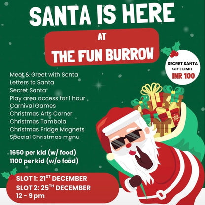 Promotional flyer for Santa's visit at The Fun Burrow with cartoon Santa Claus.