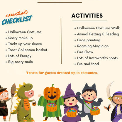 Halloween event flyer with activities and checklist for children