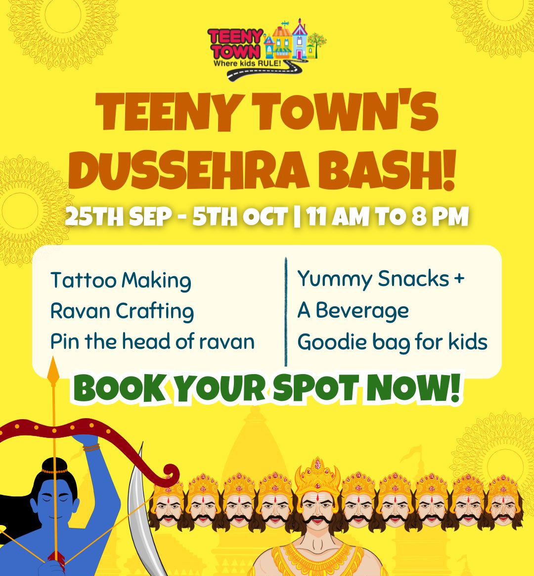 Promotional poster for Teeny Town's Dussehra Bash with event details and cartoon characters.