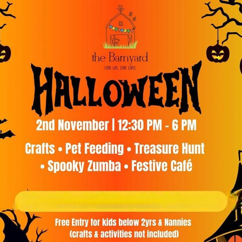 Halloween event flyer with cartoon children and pumpkins on an orange background