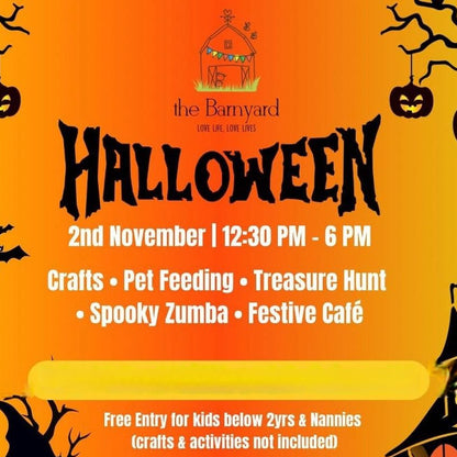 Halloween event flyer with cartoon children and pumpkins on an orange background