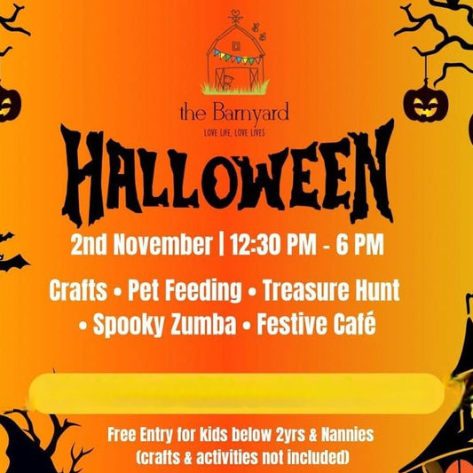 Halloween event flyer with cartoon children and pumpkins on an orange background
