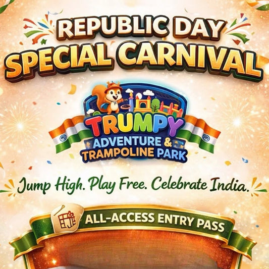Advertisement for Trumpy Adventure & Trampoline Park's Republic Day Special Carnival with colorful design and text.