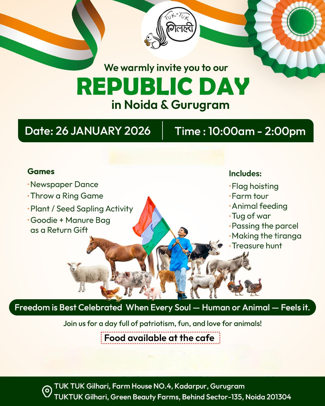 R'day (26-Jan) Games & Farm Activities Visit at Tuk Tuk Gilhari Gurgaon