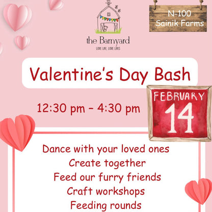 Valentine's Day Bash flyer with teddy bear, hearts, and event details on a pink background.