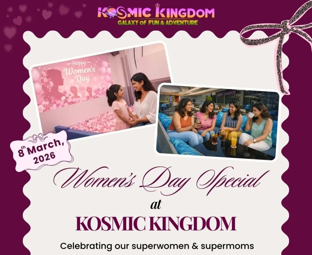 Promotional flyer for Kosmic Kingdom Women's Day Special event with images of people and text on a purple background.