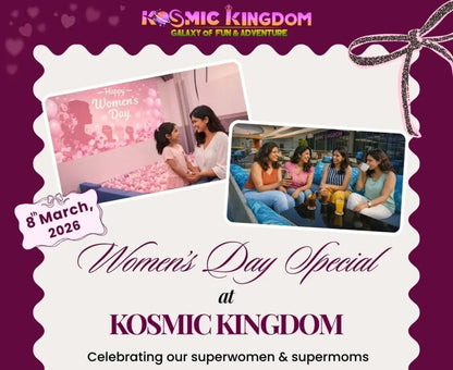 Promotional flyer for Kosmic Kingdom Women's Day Special event with images of people and text on a purple background.