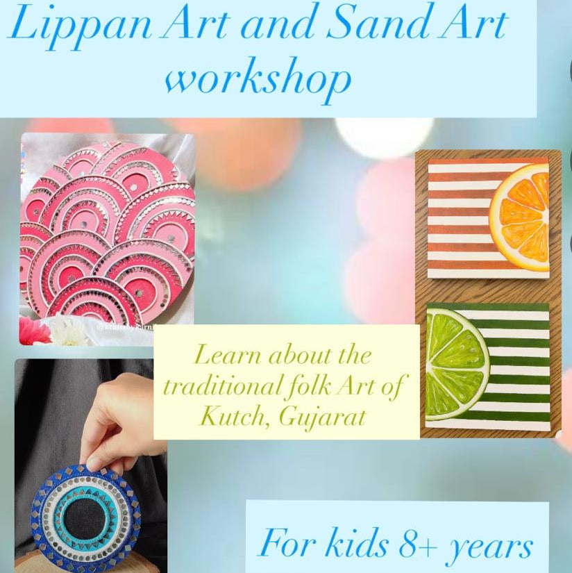 Advertisement for Lippan Art and Sand Art workshop with colorful designs and text.